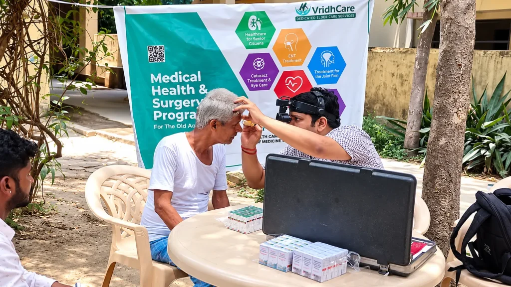 Eye camp doctor volunteer doing patient check up